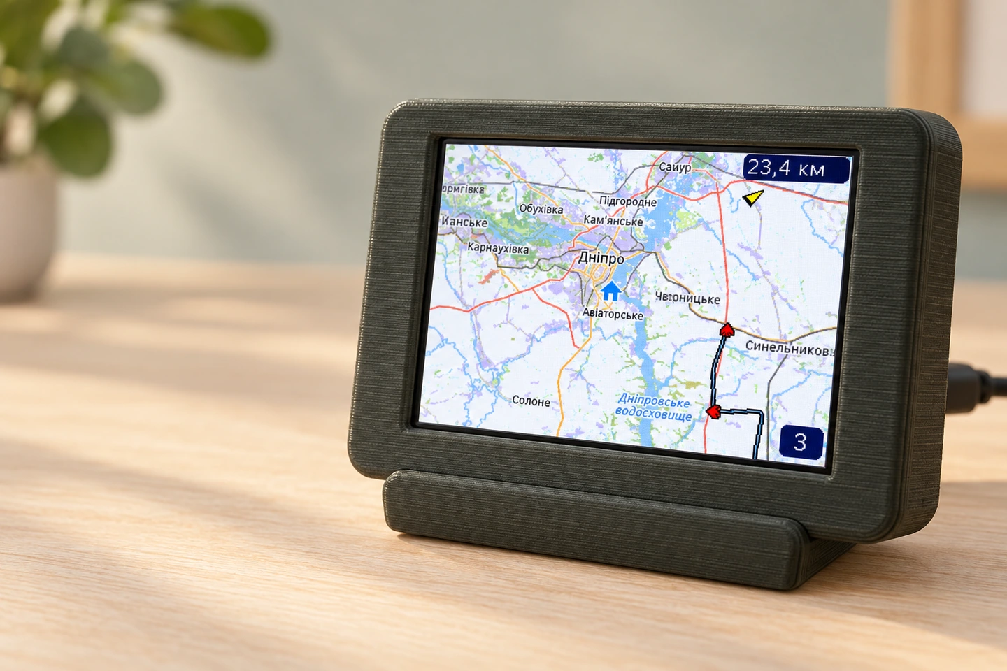 Візуалізація myППО у компактному темному 3D-друкованому корпусі з підставкою та картою на екрані